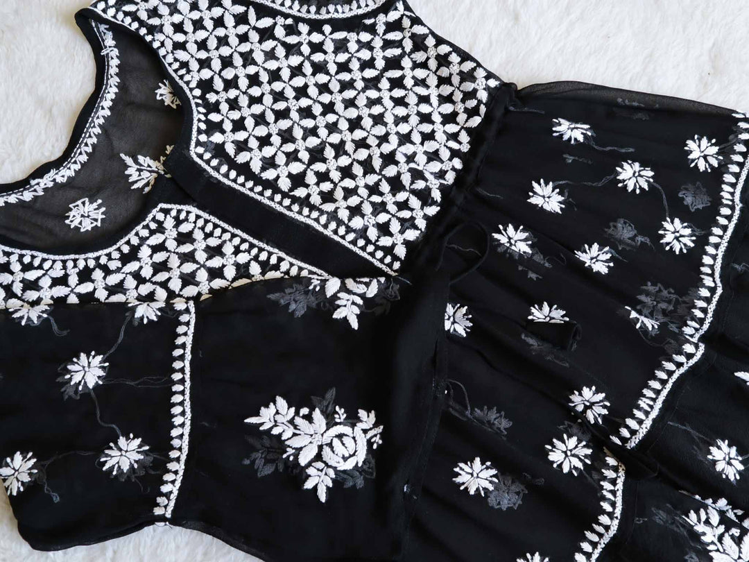 Black & White Georgette 2 Tier Frock - Noor Chikankari