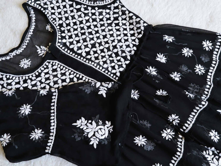 Black & White Georgette 2 Tier Frock - Noor Chikankari