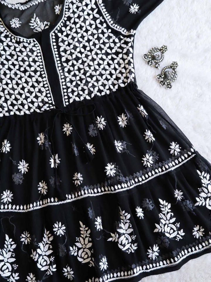 Black & White Georgette 2 Tier Frock - Noor Chikankari