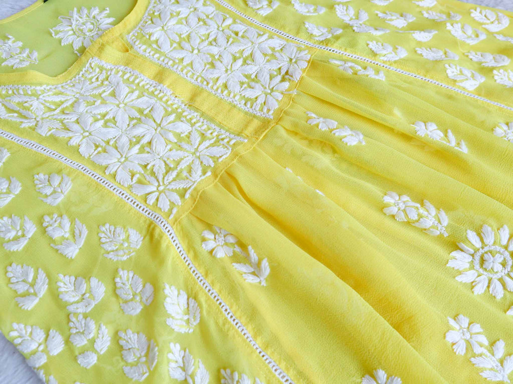 Yellow & White Lace Georgette Frock - Noor Chikankari