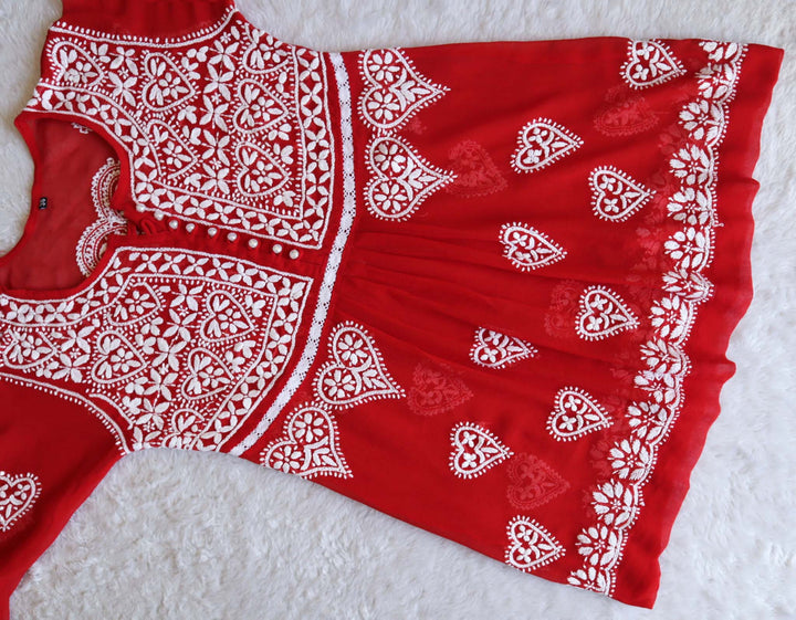 Red & White Georgette Lace Pearl Frock