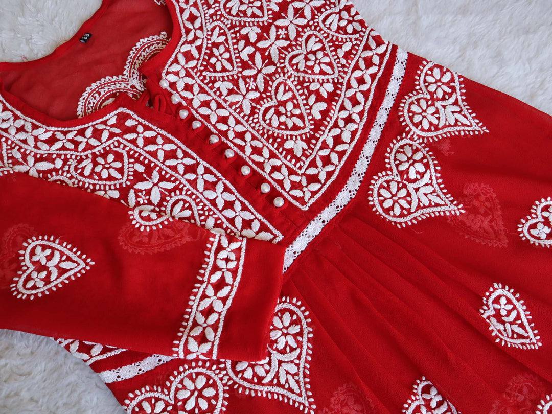 Red & White Georgette Lace Pearl Frock