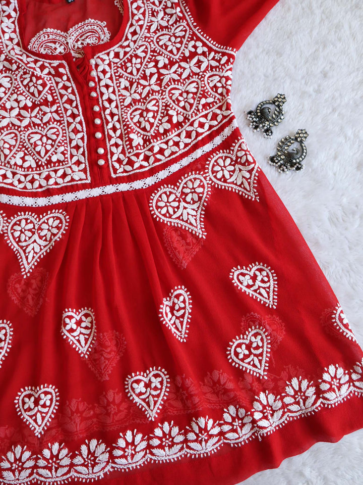 Red & White Georgette Lace Pearl Frock