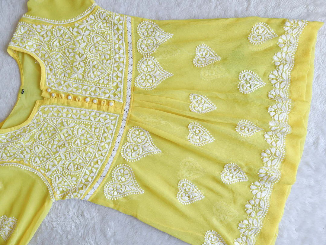 Yellow & White Georgette Lace Pearl Frock