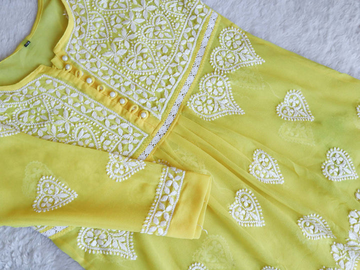Yellow & White Georgette Lace Pearl Frock