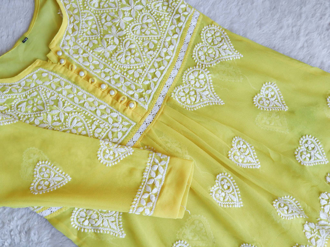 Yellow & White Georgette Lace Pearl Frock