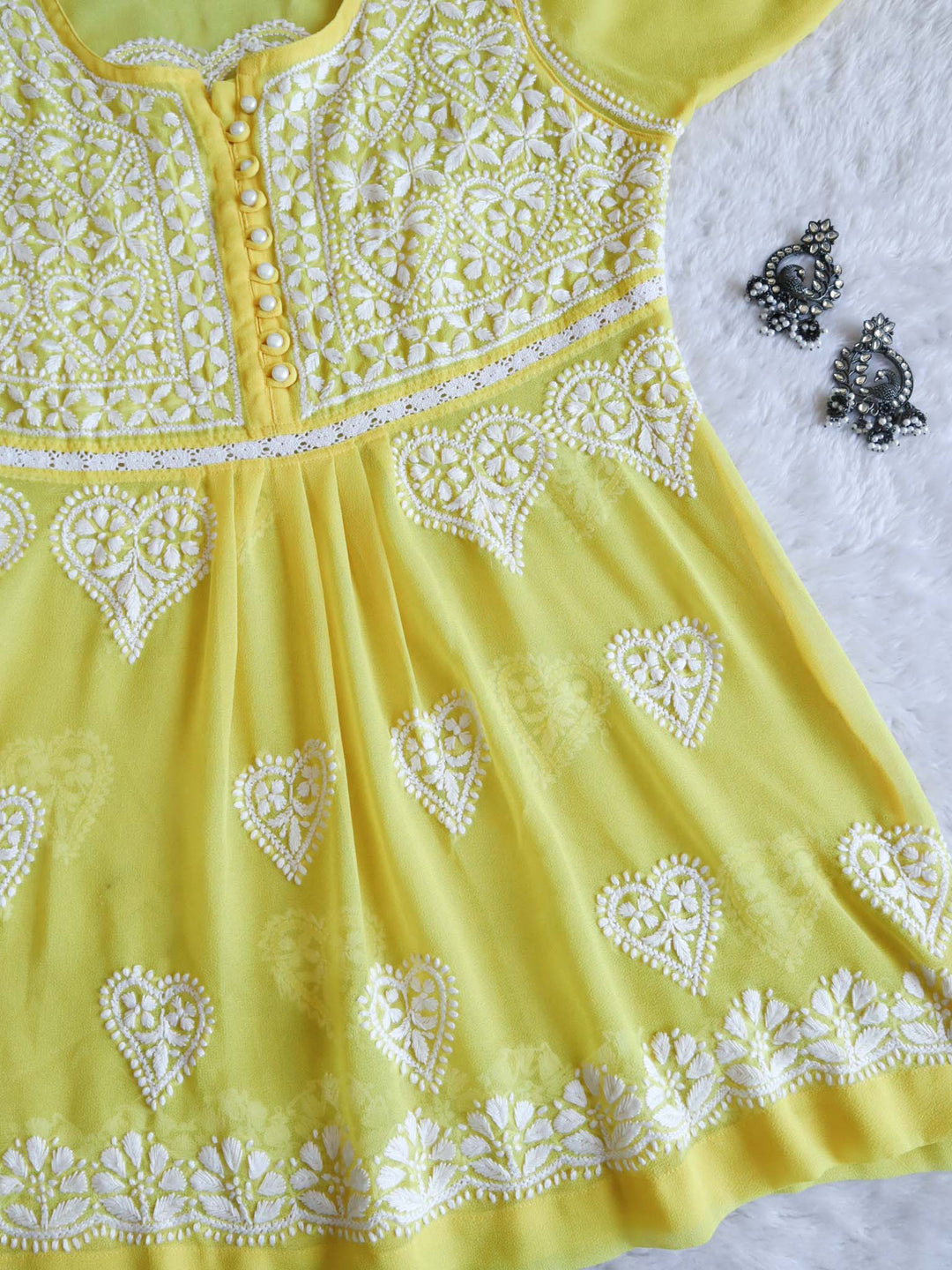 Yellow & White Georgette Lace Pearl Frock