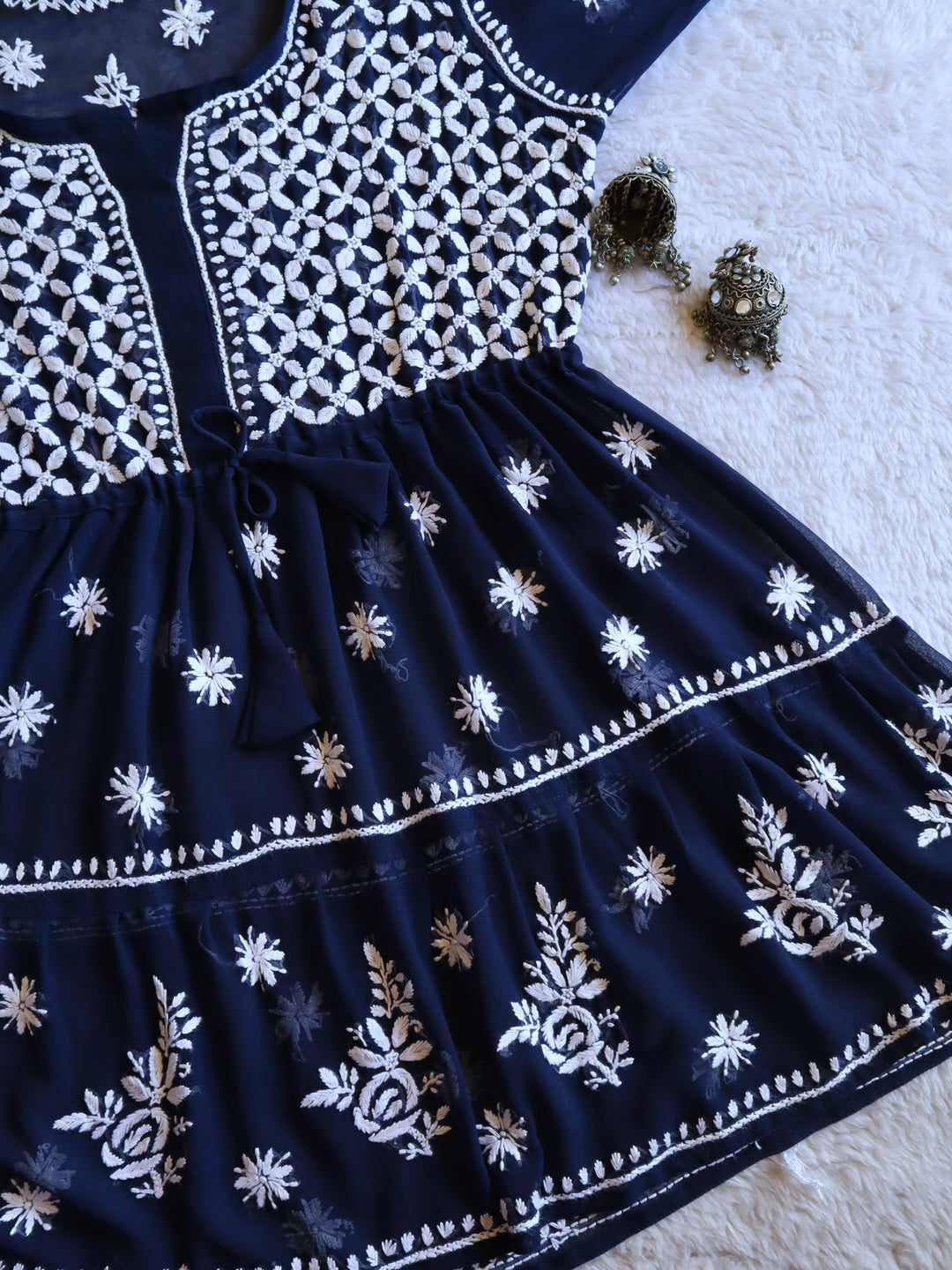 Navy & White Georgette 2 Tier Frock - Noor Chikankari