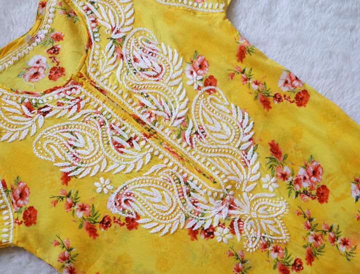 Yellow Floral Long MulMul kurta