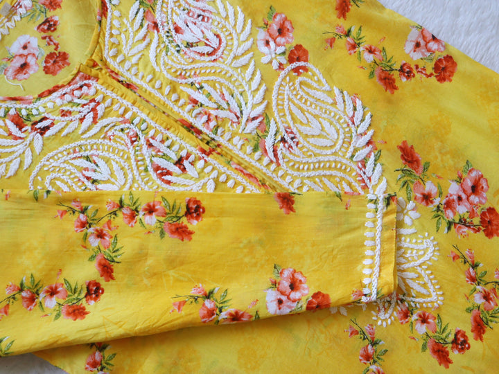 Yellow Floral Long MulMul kurta