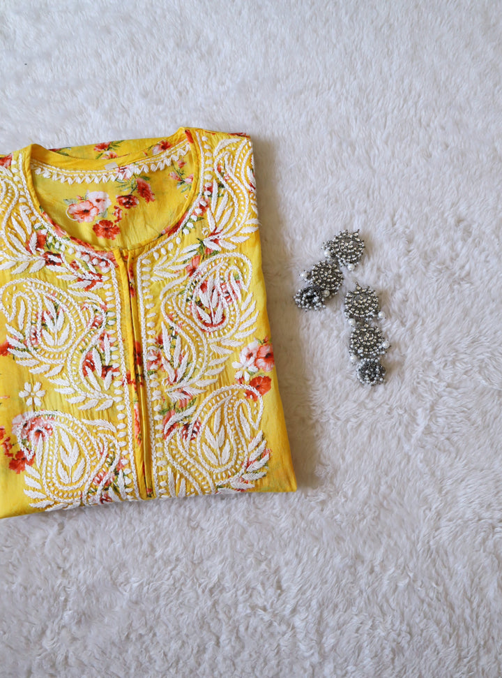 Yellow Floral Long MulMul kurta