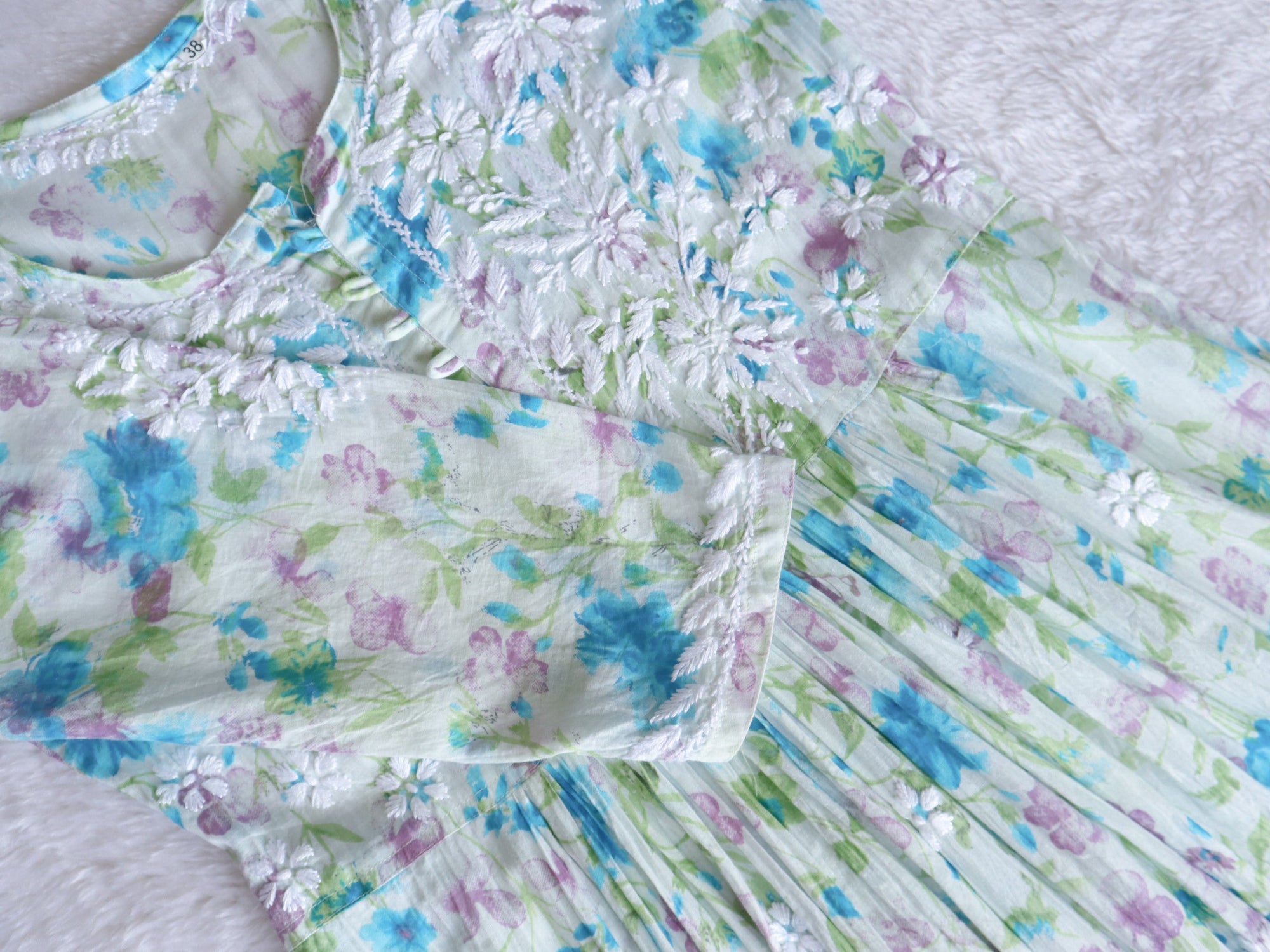 Inayah White & Blue Floral Mulmul Fit and Flare Long Dress