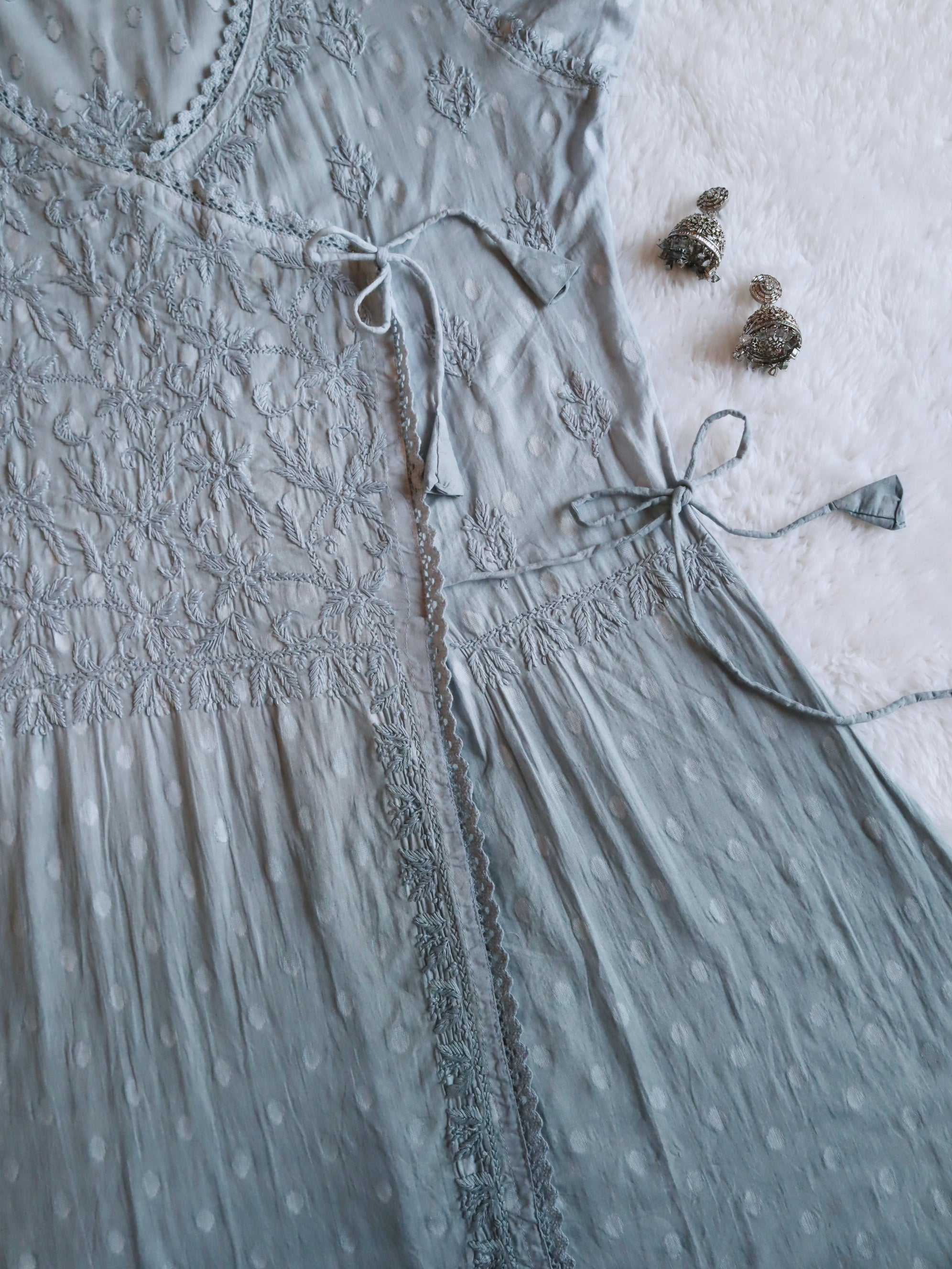 Nazakat Pastel Grey Fit and Flare Long Angarakha