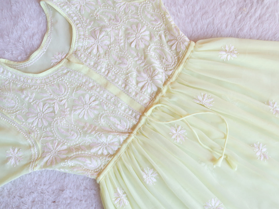 Lemon Yellow & White Georgette frock