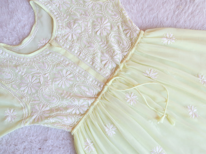 Lemon Yellow & White Georgette frock