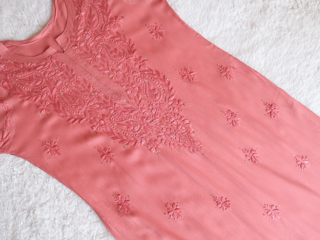 Rose Pink Rayon mukaish Long Kurta