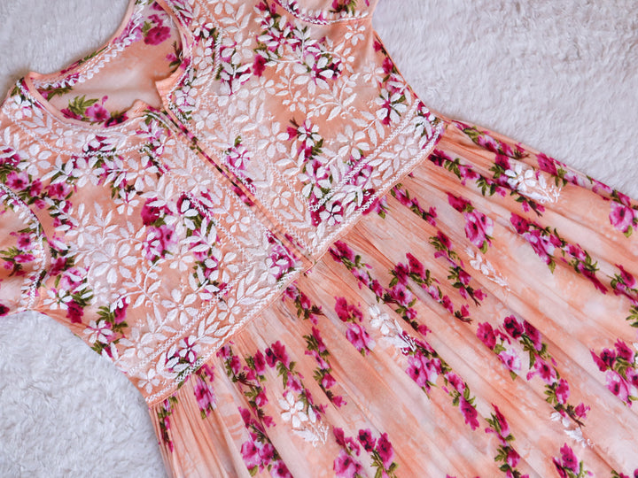 Peach Floral Mulmul Fit & flare Dress