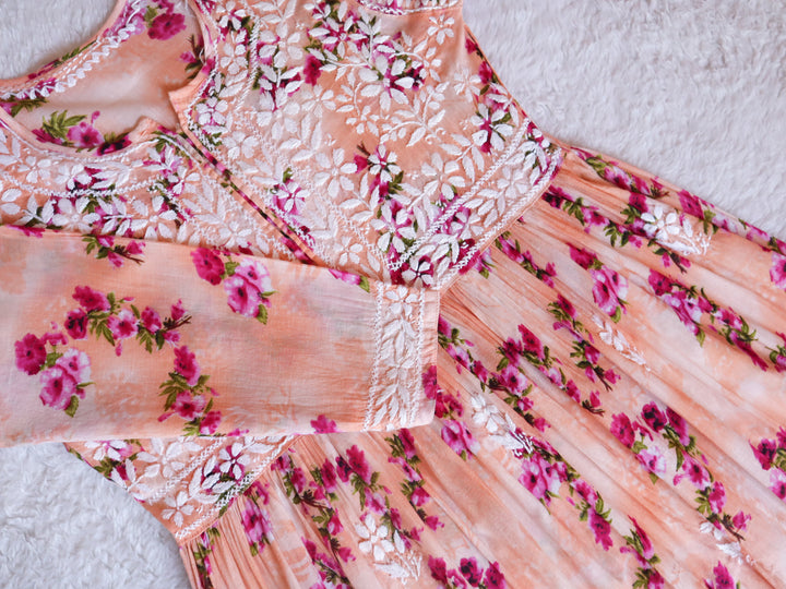 Peach Floral Mulmul Fit & flare Dress