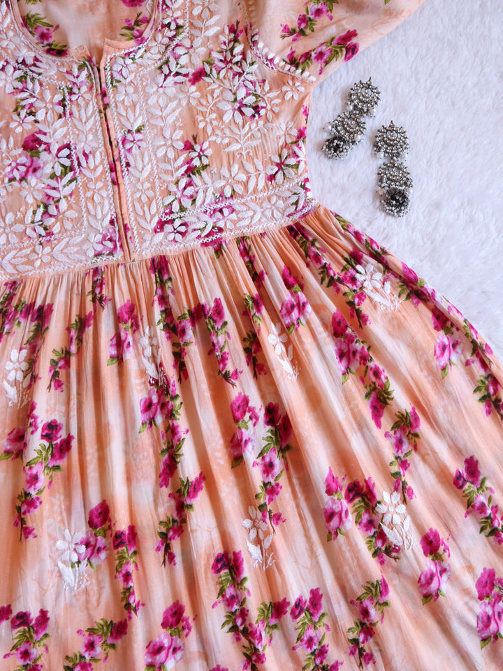 Peach Floral Mulmul Fit & flare Dress