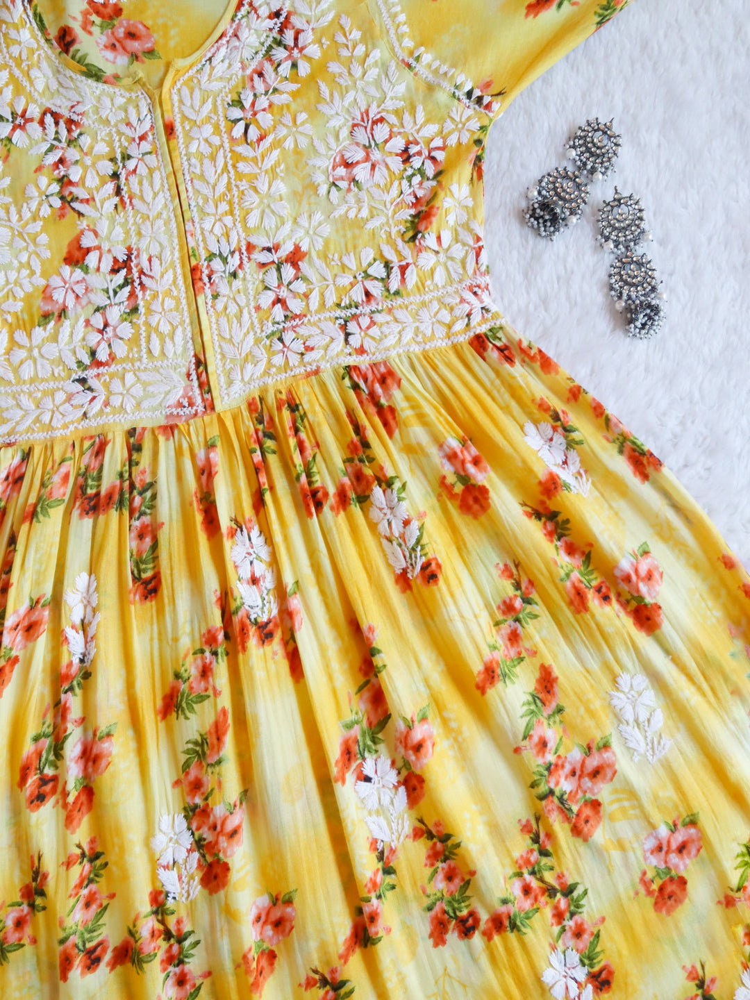 Yellow Floral Mulmul Fit & flare Dress