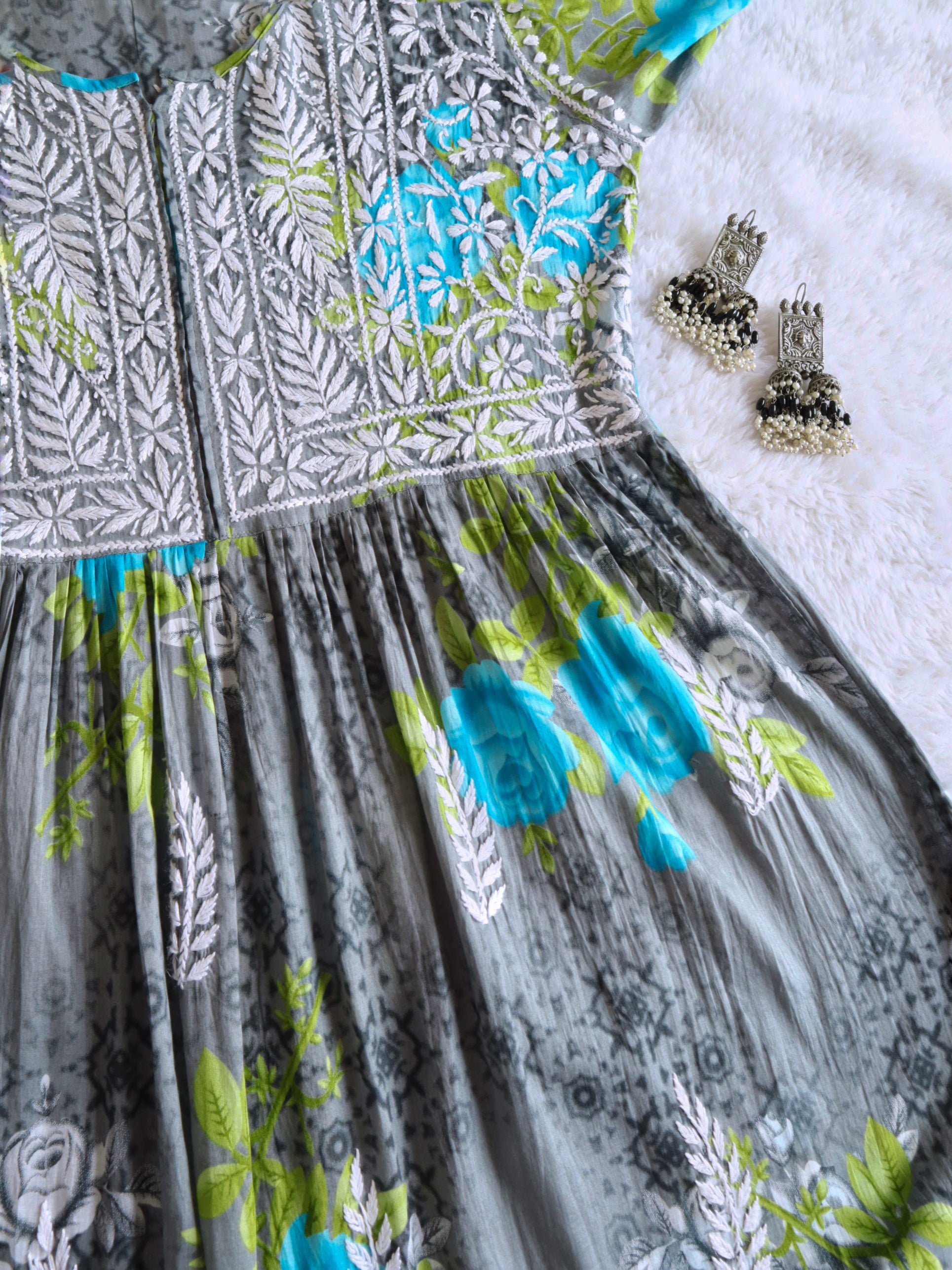 Grey & Blue Floral Garden Mulmul Fit and Flare Long Dress