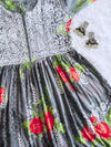 Grey &amp; Red Floral Garden Mulmul Fit and Flare Long Dress