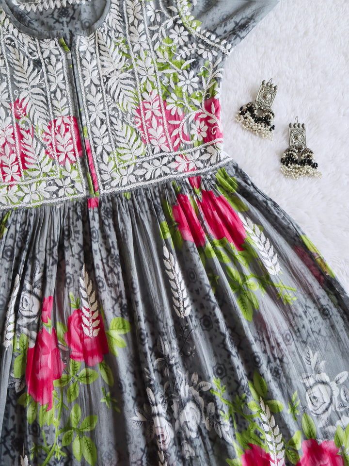Grey & Pink Floral Garden Mulmul Fit and Flare Long Dress