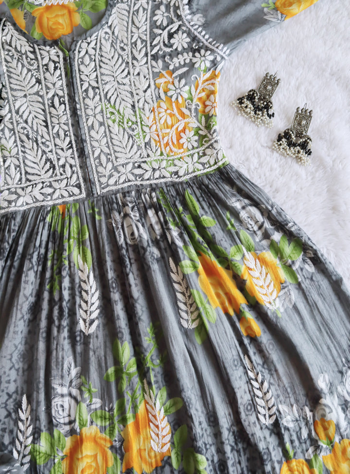Grey & Yellow Floral Garden Mulmul Fit and Flare Long Dress