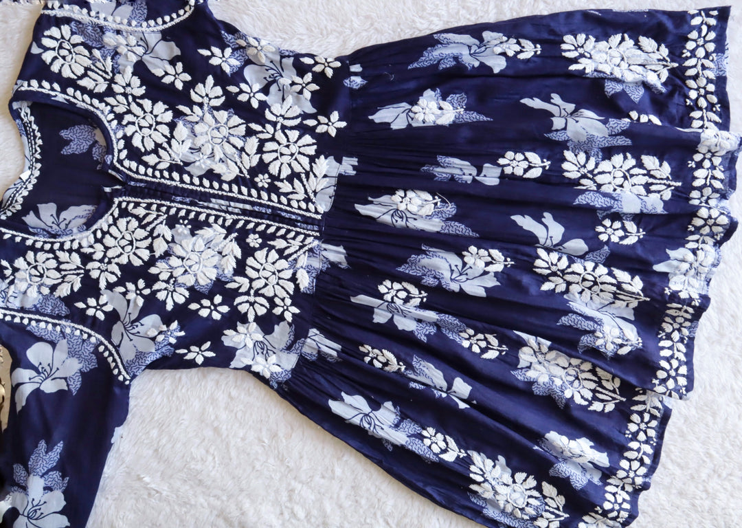 Navy Blue Floral Mulmul Frock