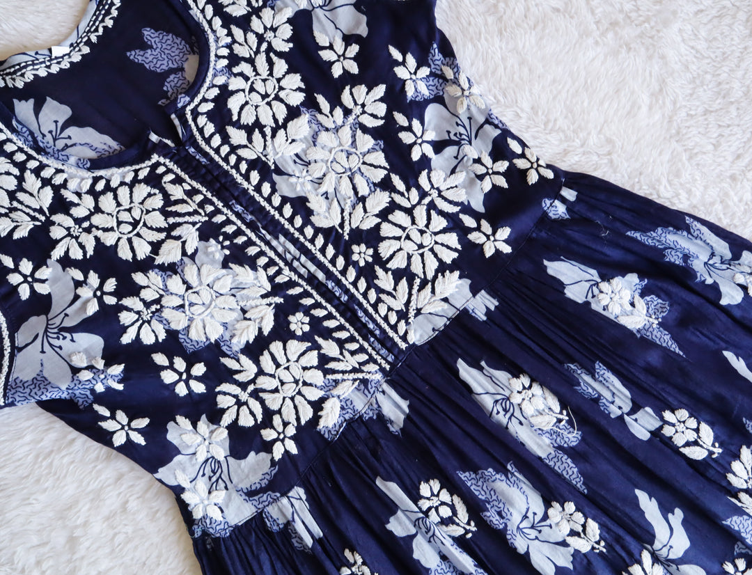 Navy Blue Floral Mulmul Frock