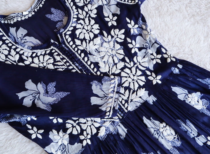 Navy Blue Floral Mulmul Frock