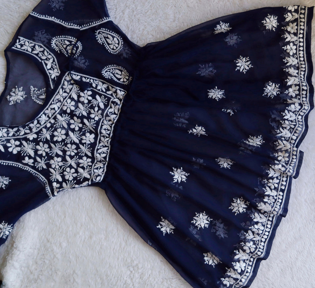 Navy Blue & White Georgette Angrakha frock