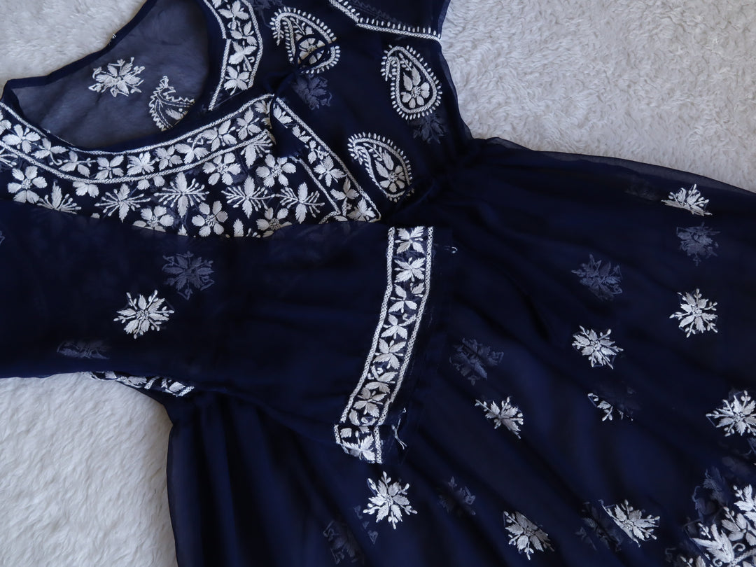 Navy Blue & White Georgette Angrakha frock