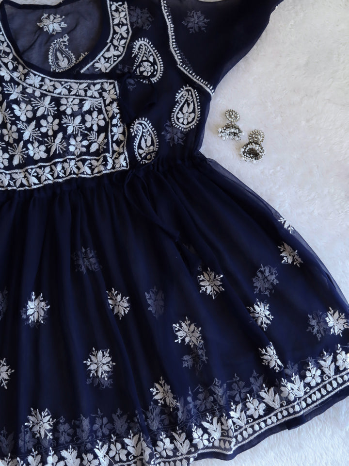 Navy Blue & White Georgette Angrakha frock