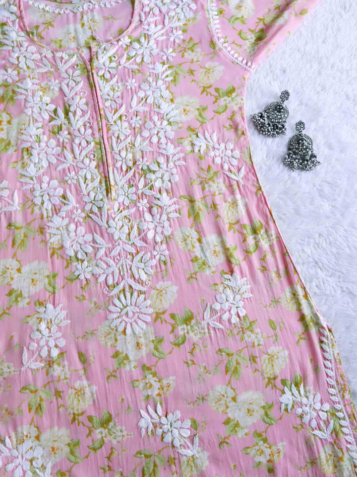 Gul Pink Floral Long Modal Kurta