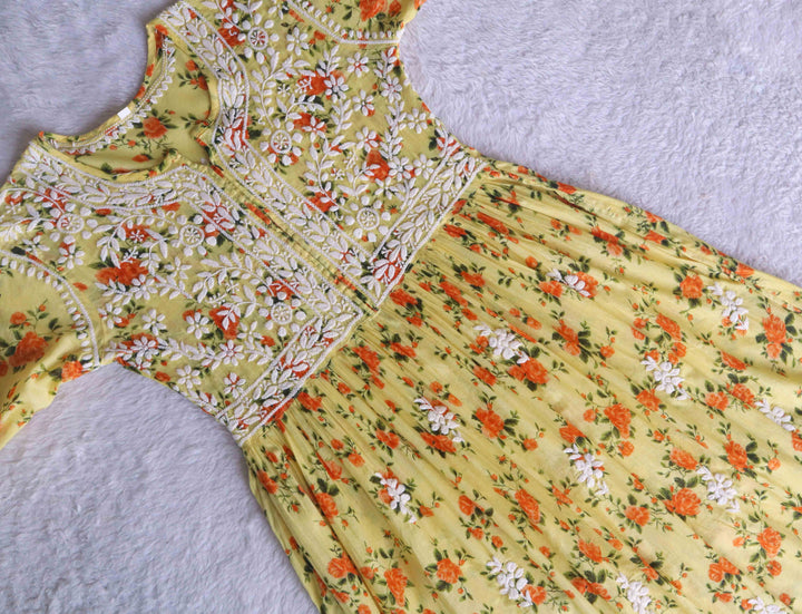 Yellow Floral Mulmul Fit & flare Dress