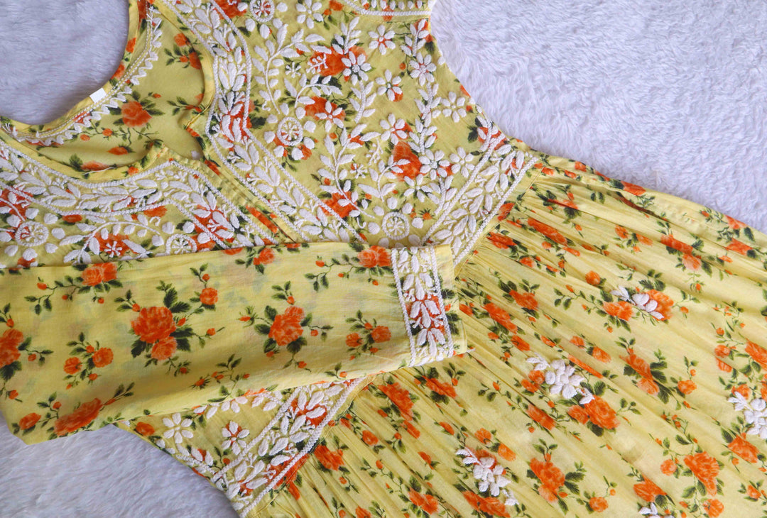 Yellow Floral Mulmul Fit & flare Dress