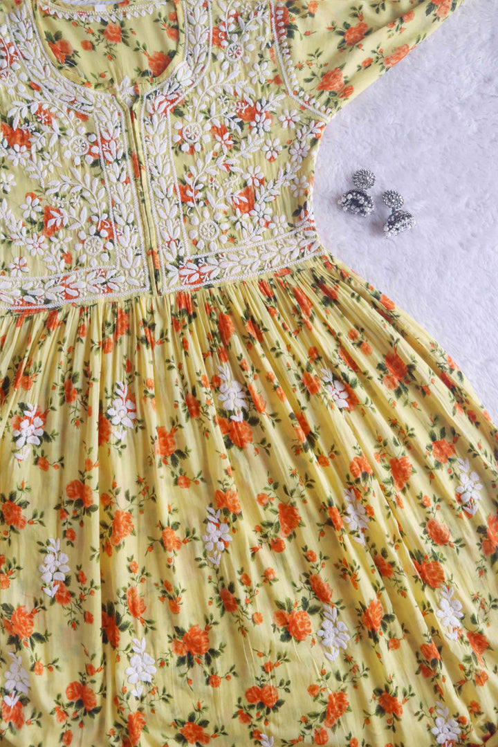 Yellow Floral Mulmul Fit & flare Dress