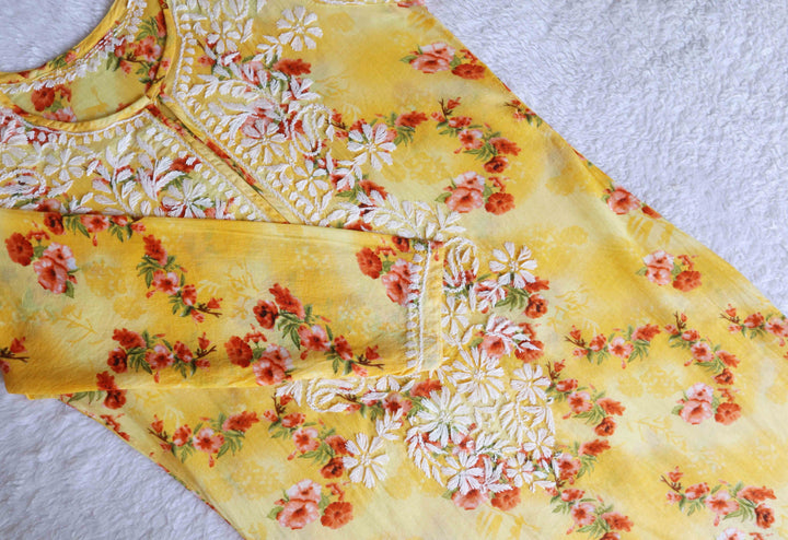 Yellow Roses Floral Long MulMul kurta