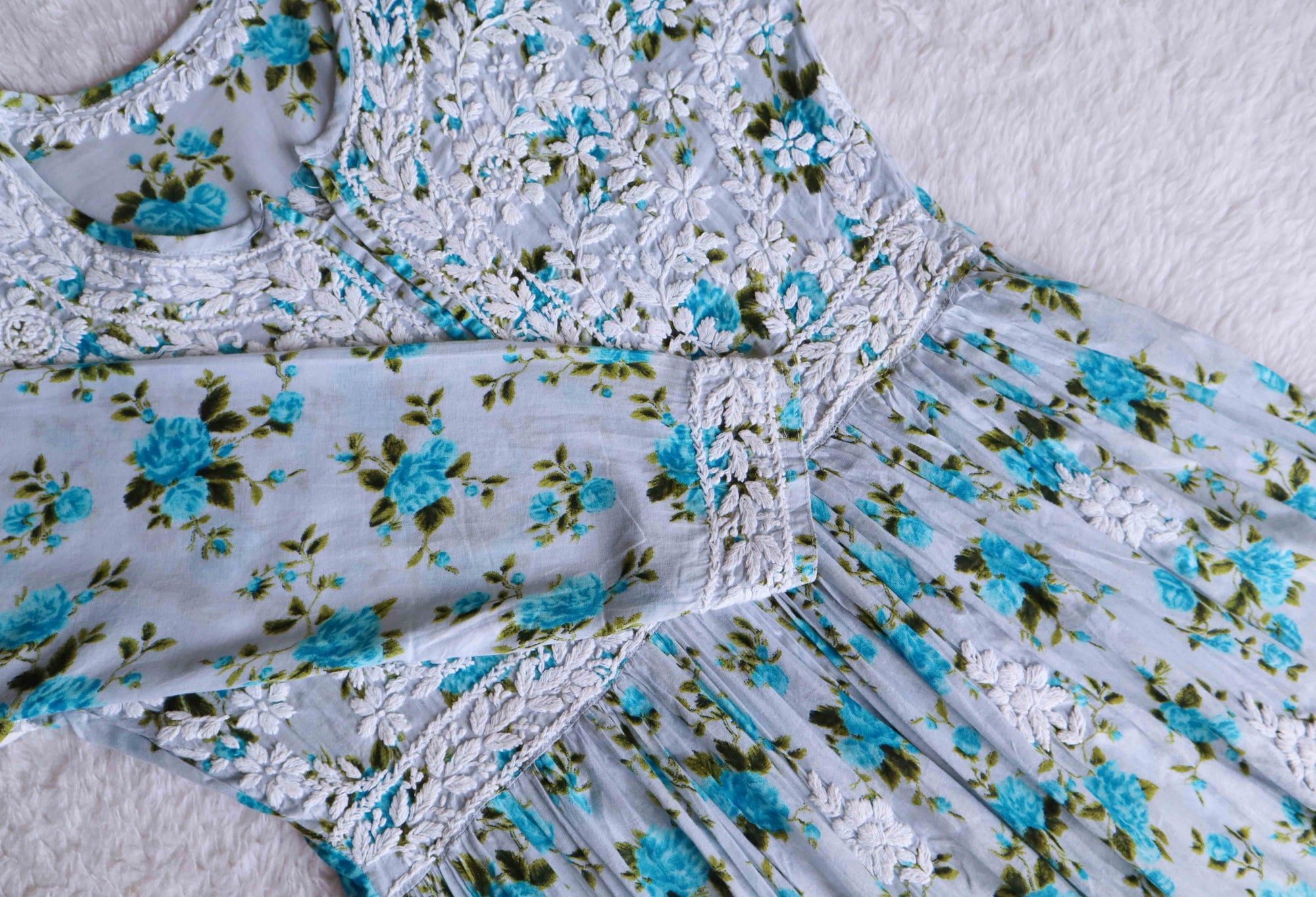 Blue Floral Mulmul Fit & flare Dress