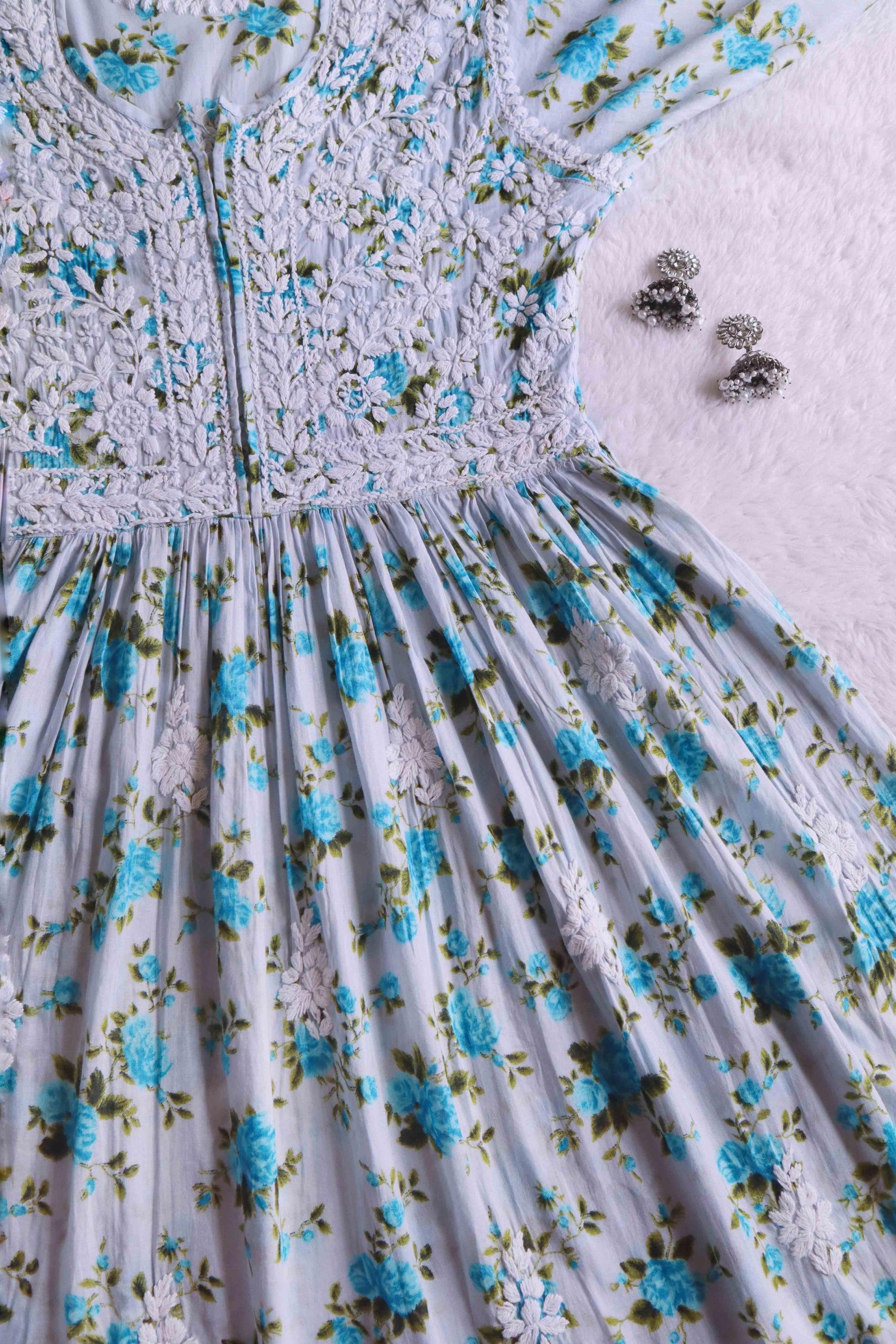 Blue Floral Mulmul Fit & flare Dress