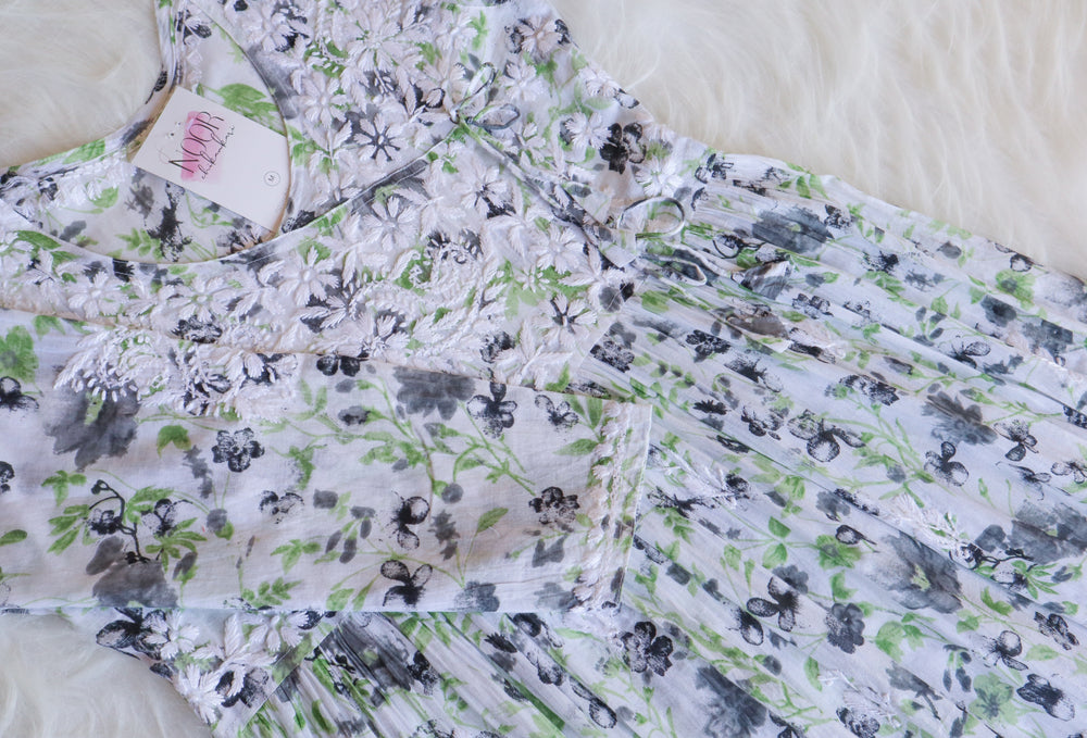 White & Charcoal Floral Mulmul Fit and Flare Long Angarakha - Noor Chikankari