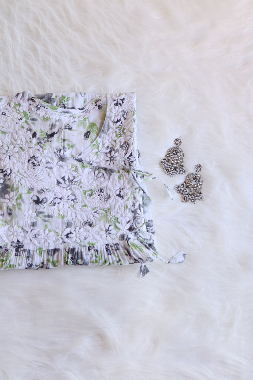 White & Charcoal Floral Mulmul Fit and Flare Long Angarakha - Noor Chikankari