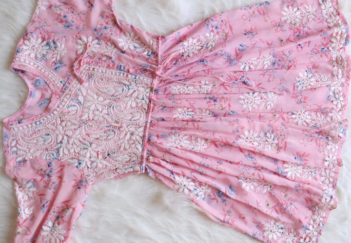Pink & White Georgette Floral Angrakha frock