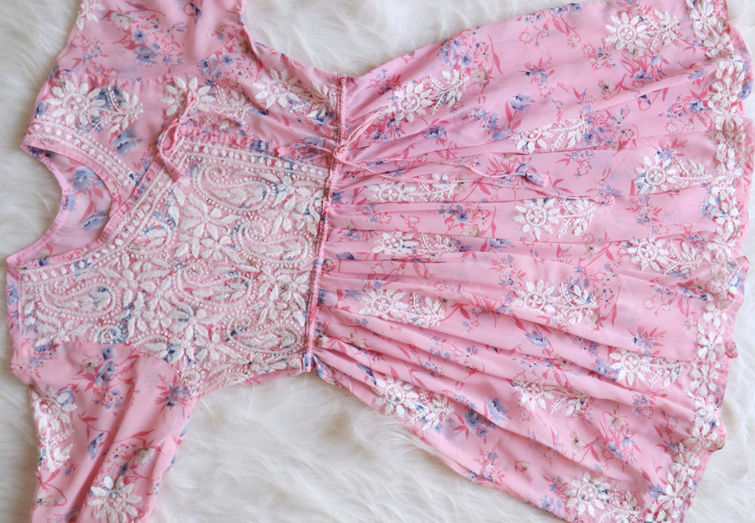 Pink & White Georgette Floral Angrakha frock