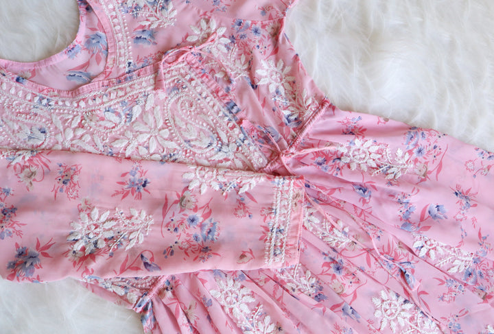 Pink & White Georgette Floral Angrakha frock