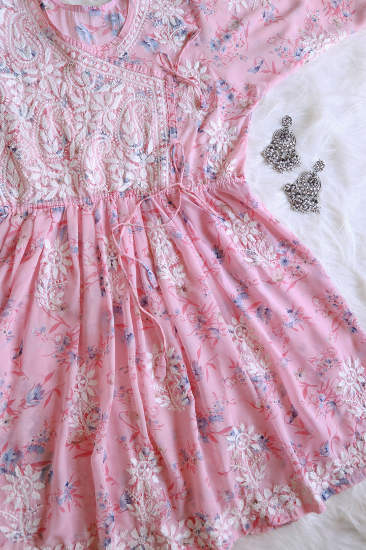 Pink & White Georgette Floral Angrakha frock
