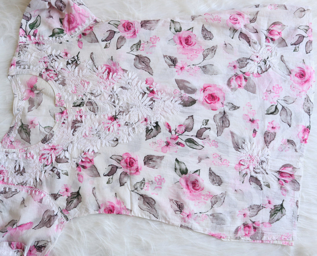 Gul White & Pink Rose Short Mulmul Kurta