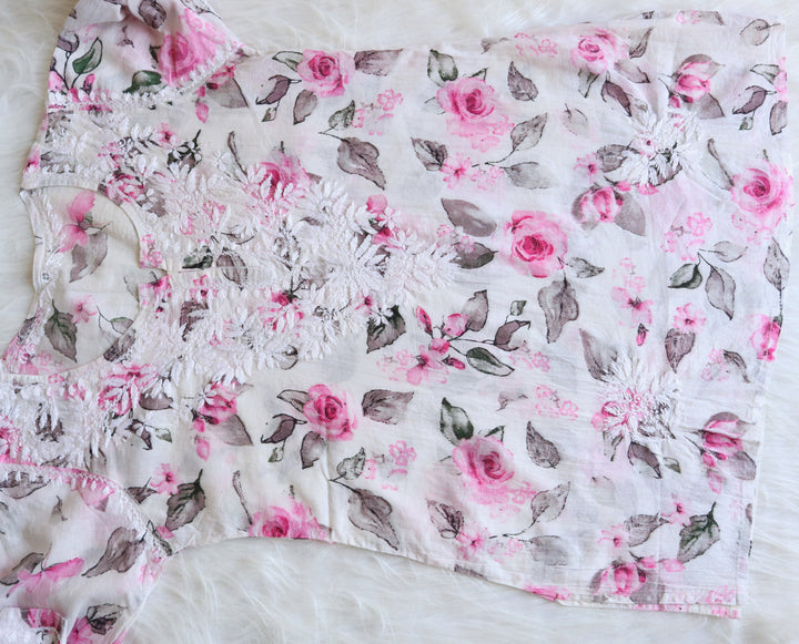Gul White & Pink Rose Short Mulmul Kurta