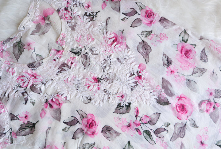 Gul White & Pink Rose Short Mulmul Kurta